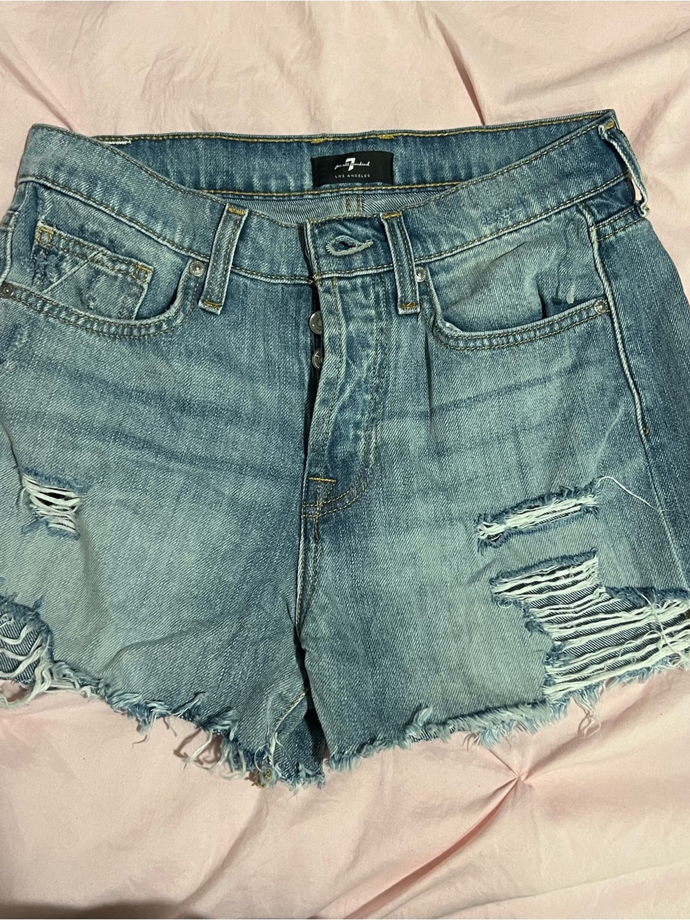 7 For All Mankind Distressed Light Blue Denim Women’s Shorts